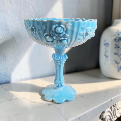 Fenton Blue and White Marble, Cabbage Rose Compote