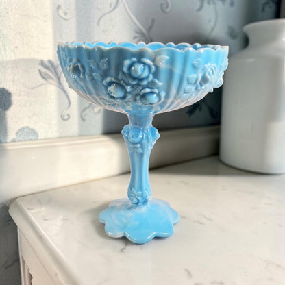 Fenton Blue and White Marble, Cabbage Rose Compote