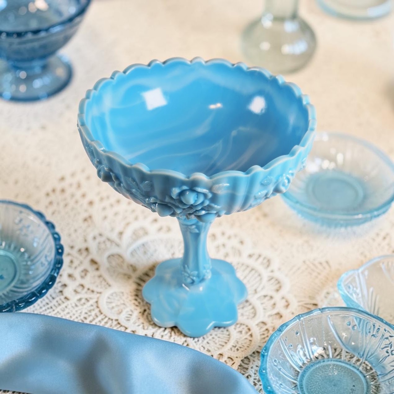 Fenton Blue and White Marble, Cabbage Rose Compote