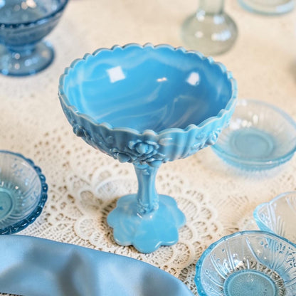 Fenton Blue and White Marble, Cabbage Rose Compote
