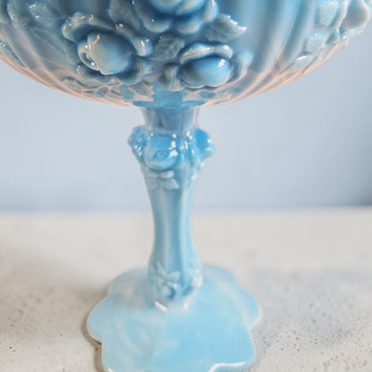 Fenton Blue and White Marble, Cabbage Rose Compote