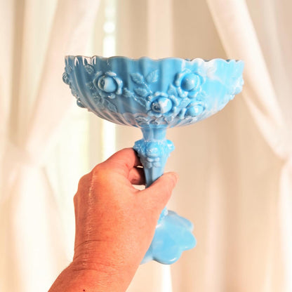 Fenton Blue and White Marble, Cabbage Rose Compote