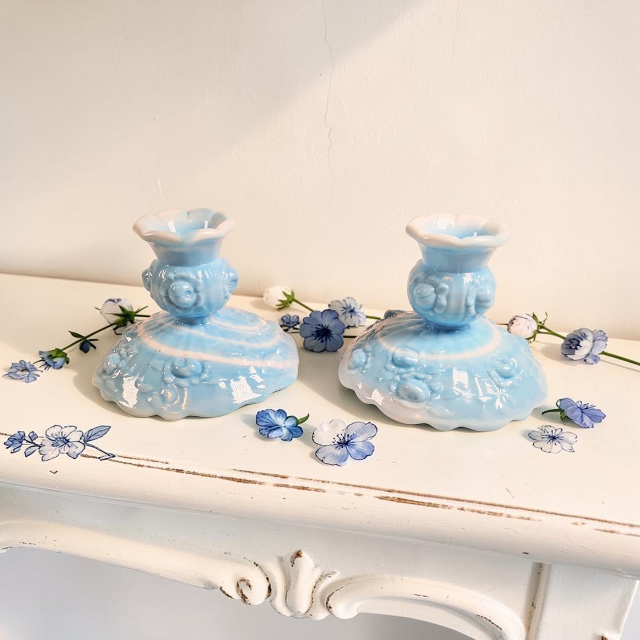 Fenton Blue and White Marble Candle Stick Holders, Set of Two, Cabbage Rose Pattern