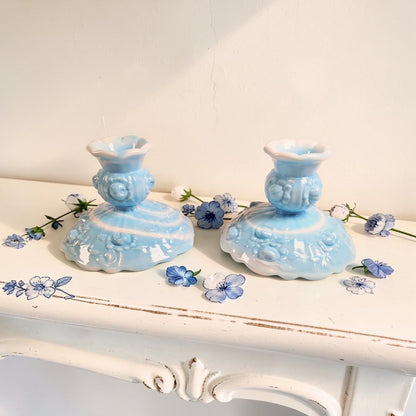 Fenton Blue and White Marble Candle Stick Holders, Set of Two, Cabbage Rose Pattern