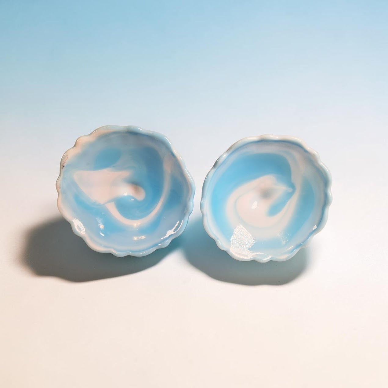 Fenton Blue and White Marble Candle Stick Holders, Set of Two, Cabbage Rose Pattern