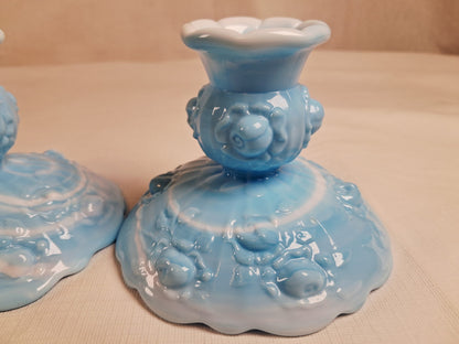 Fenton Blue and White Marble Candle Stick Holders, Set of Two, Cabbage Rose Pattern