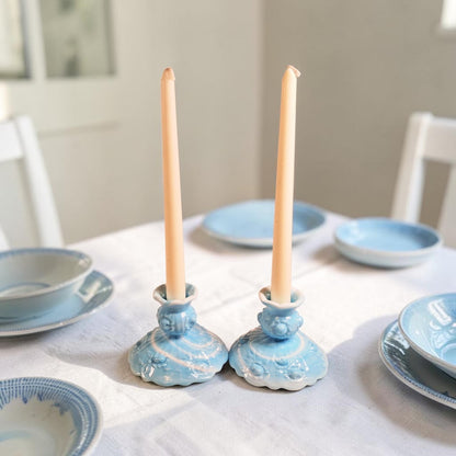 Fenton Blue and White Marble Candle Stick Holders, Set of Two, Cabbage Rose Pattern