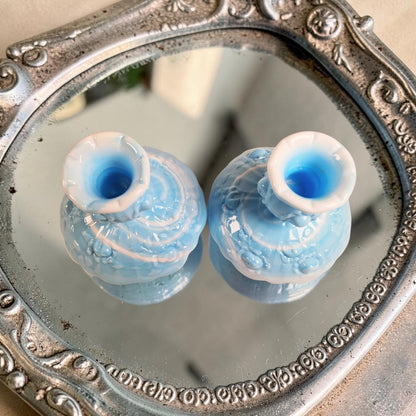 Fenton Blue and White Marble Candle Stick Holders, Set of Two, Cabbage Rose Pattern