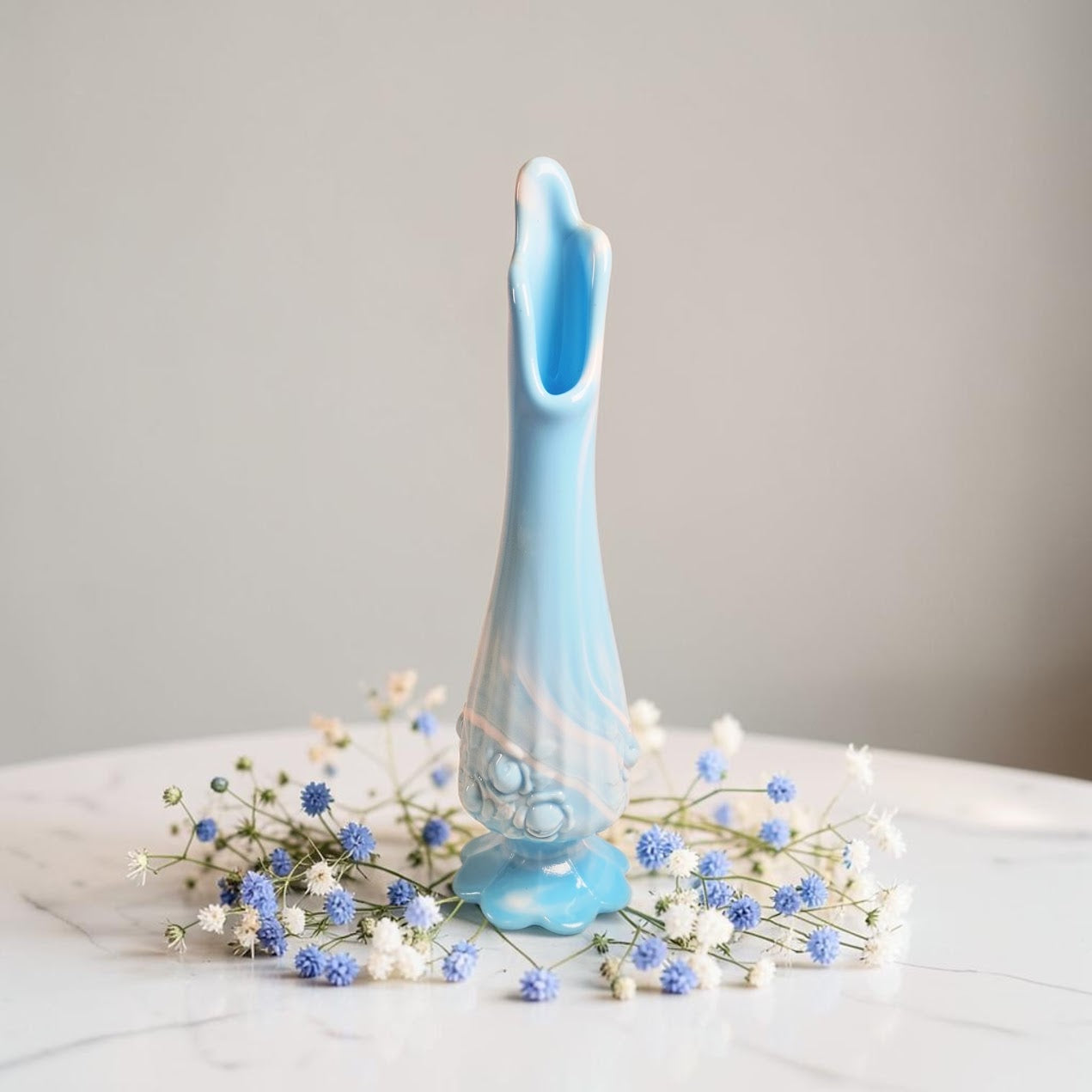 Fenton Blue and White Marble Swung Bud Vase, Cabbage Rose Pattern