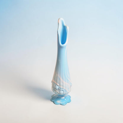Fenton Blue and White Marble Swung Bud Vase, Cabbage Rose Pattern