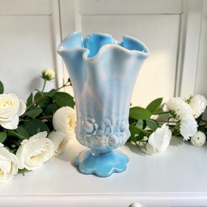 Fenton Blue and White Marble Handkerchief Vase, Cabbage Rose Pattern