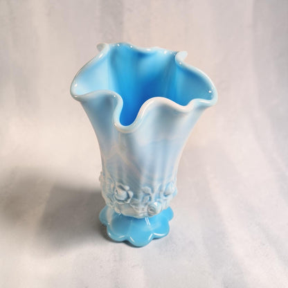 Fenton Blue and White Marble Handkerchief Vase, Cabbage Rose Pattern