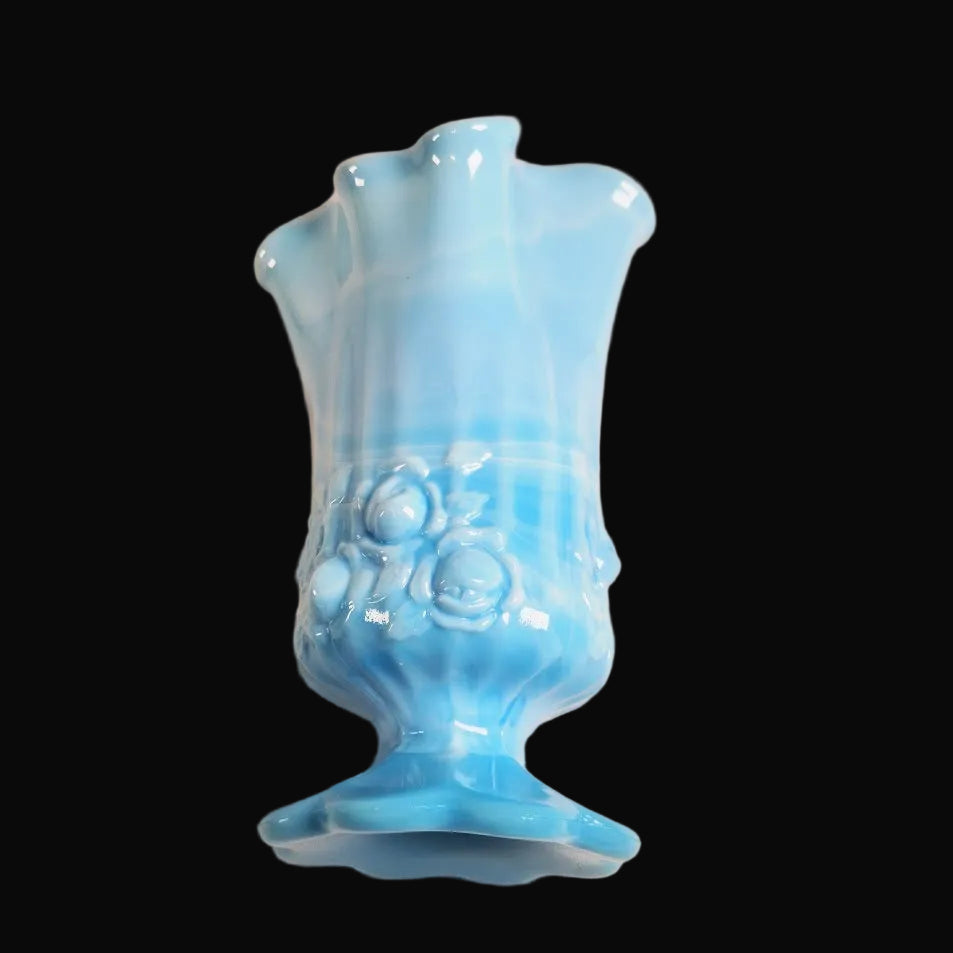 Fenton Blue and White Marble Handkerchief Vase, Cabbage Rose Pattern