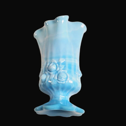Fenton Blue and White Marble Handkerchief Vase, Cabbage Rose Pattern
