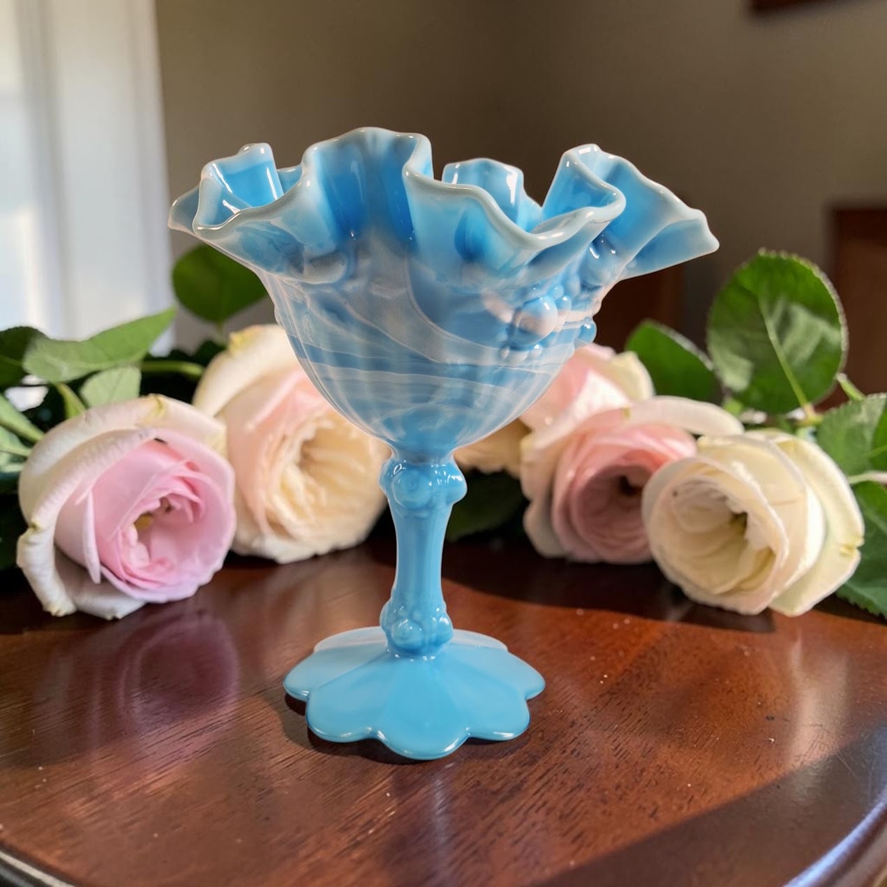 Fenton Blue and White Marble Compote, Cabbage Rose Pattern