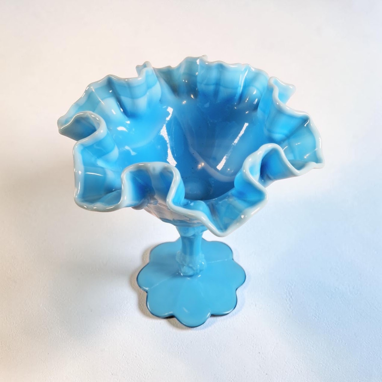 Fenton Blue and White Marble Compote, Cabbage Rose Pattern