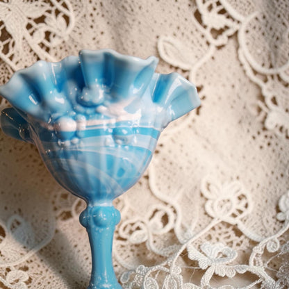 Fenton Blue and White Marble Compote, Cabbage Rose Pattern