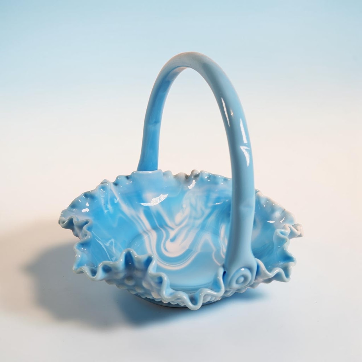 Fenton Blue and White Marble Hobnail Basket, Stunning!
