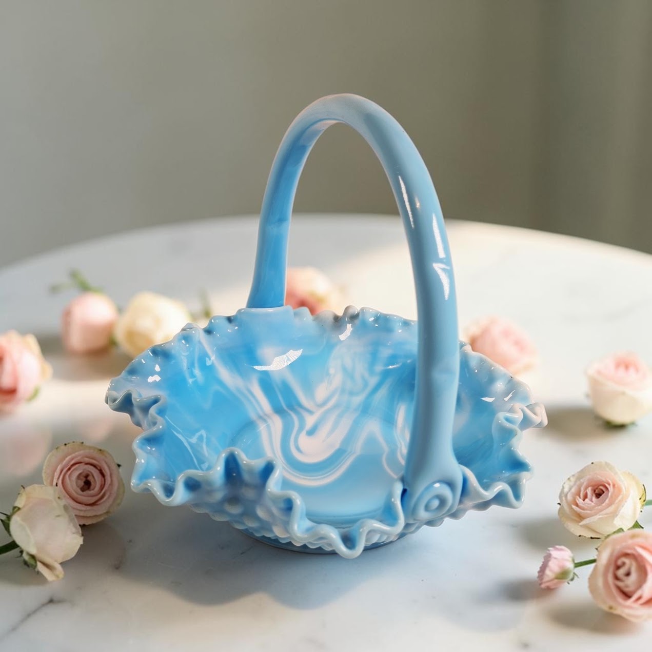 Fenton Blue and White Marble Hobnail Basket, Stunning!