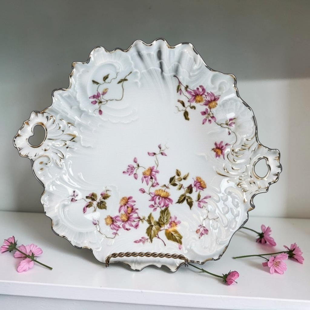 Antique Carl Tielsch Floral double handle serving dish, Very Old!