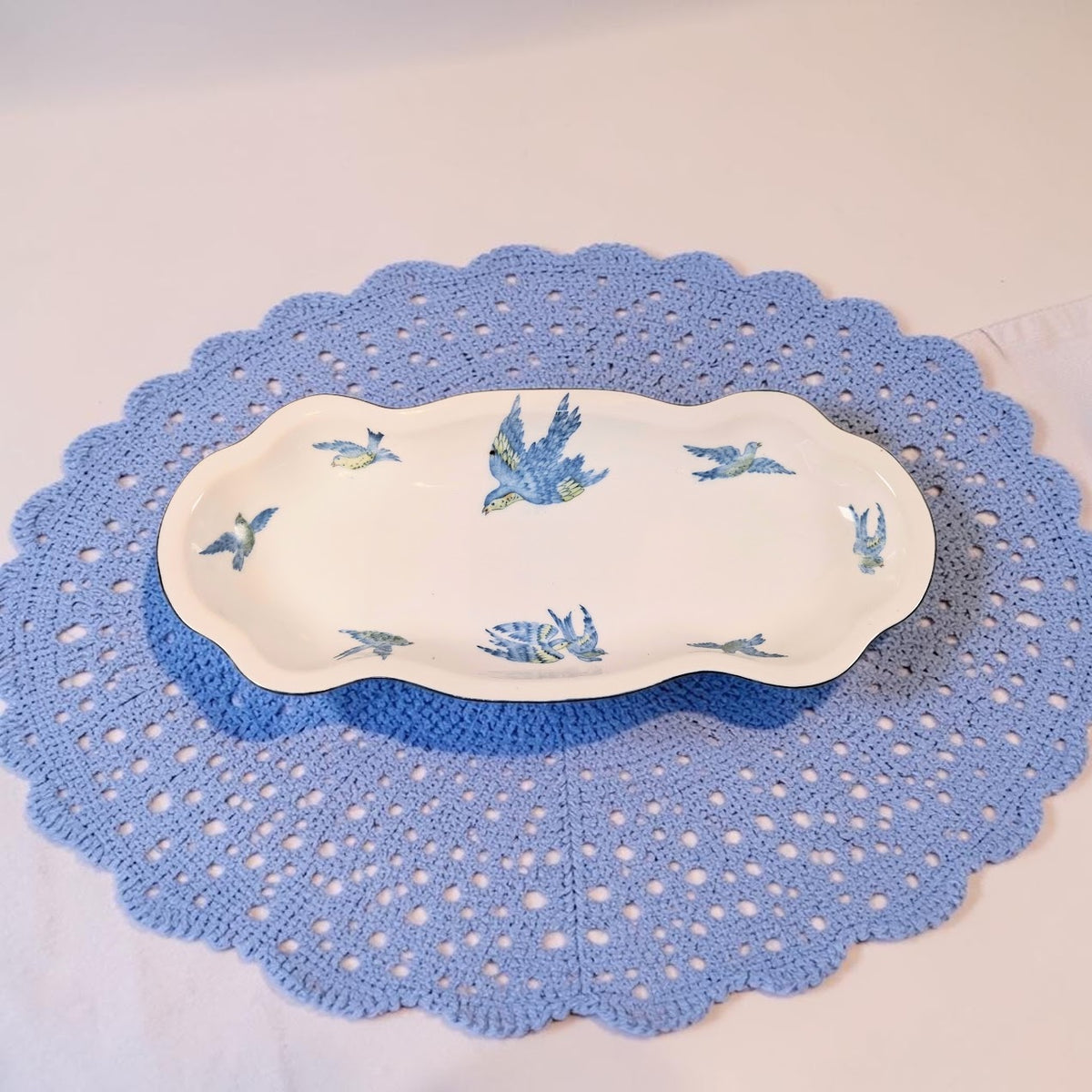 Prussian Royal Rudolstade Celery Dish with 6 Salt Cellars, Beautiful Blue Birds Motif