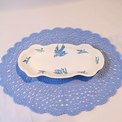 Prussian Royal Rudolstade Celery Dish with 6 Salt Cellars, Beautiful Blue Birds Motif