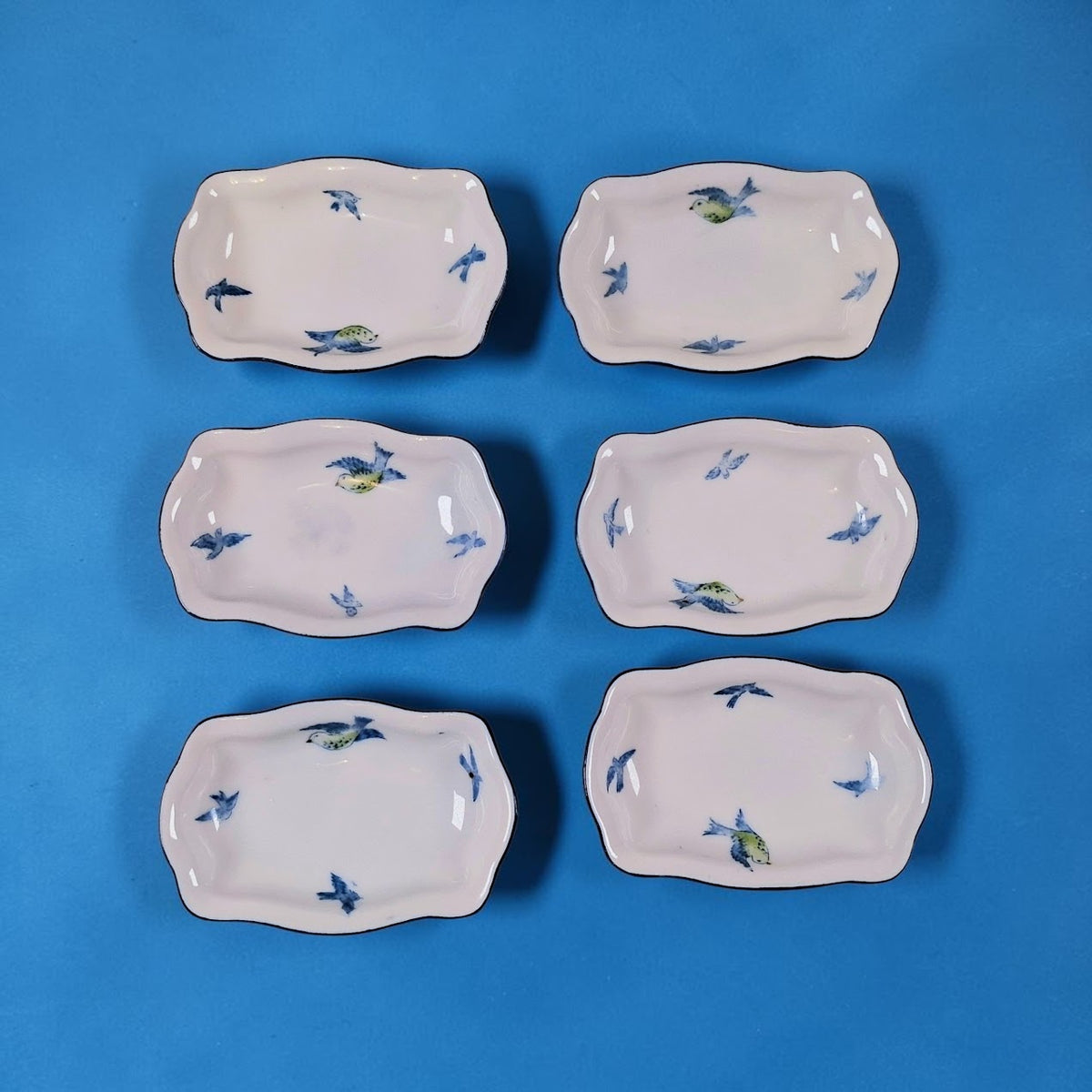 Prussian Royal Rudolstade Celery Dish with 6 Salt Cellars, Beautiful Blue Birds Motif