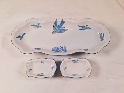 Prussian Royal Rudolstade Celery Dish with 6 Salt Cellars, Beautiful Blue Birds Motif