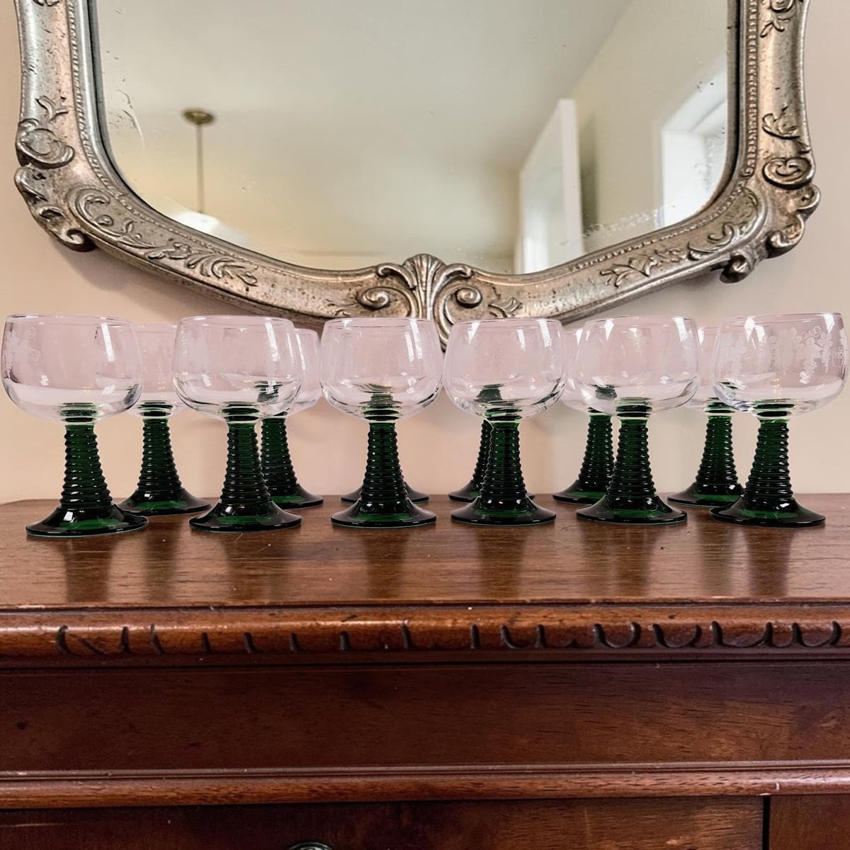 Vintage Green Stem Wine Goblets, Large Set of 12, Great for the Holiday Parties!!
