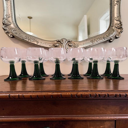 Vintage Green Stem Wine Goblets, Large Set of 12, Great for the Holiday Parties!!