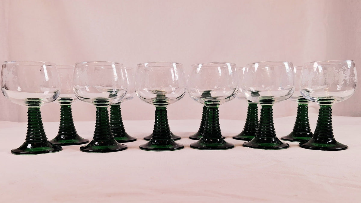Vintage Green Stem Wine Goblets, Large Set of 12, Great for the Holiday Parties!!