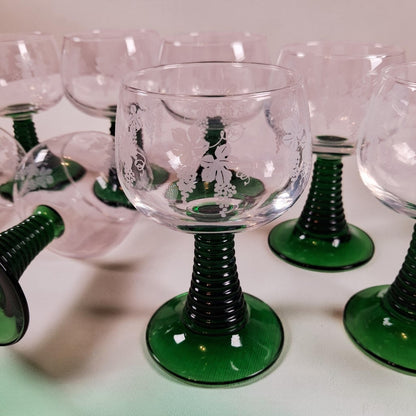 Vintage Green Stem Wine Goblets, Large Set of 12, Great for the Holiday Parties!!
