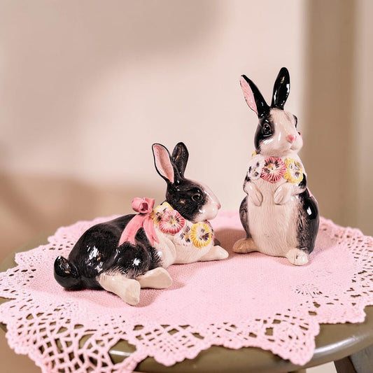 Fitz and Floyd Large Black and White Floral Bunnies!!