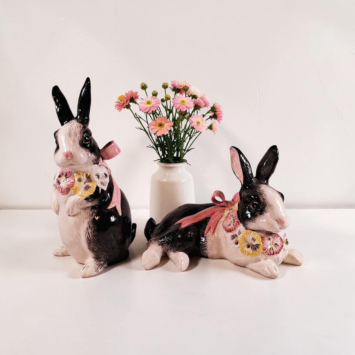 Fitz and Floyd Large Black and White Floral Bunnies!!