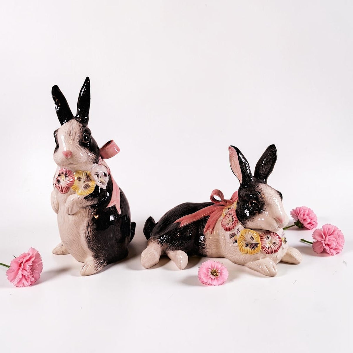 Fitz and Floyd Large Black and White Floral Bunnies!!