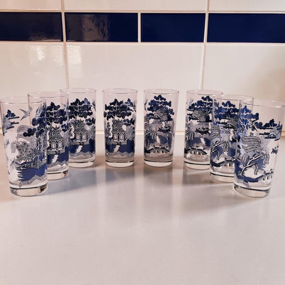 Vintage Blue Willow Set of 8, 16oz Glasses by Johnson Brothers, Rare!