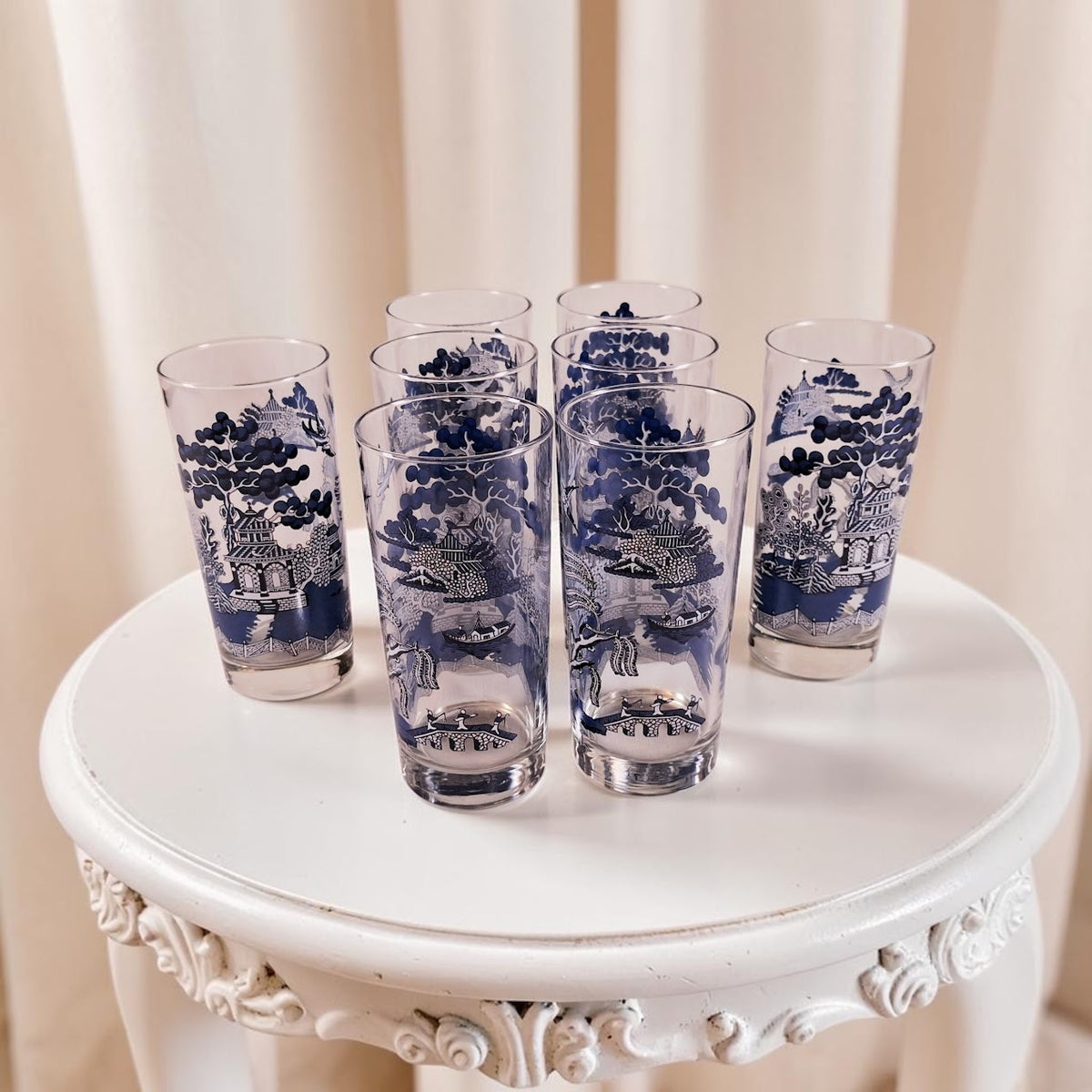 Vintage Blue Willow Set of 8, 16oz Glasses by Johnson Brothers, Rare!