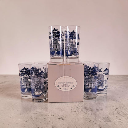 Vintage Blue Willow Set of 8, 16oz Glasses by Johnson Brothers, Rare!