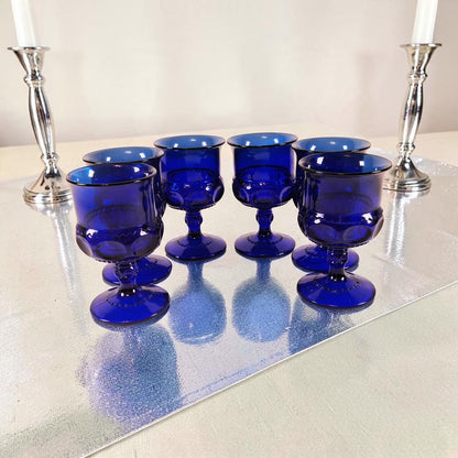 Cobalt Blue King’s Crown Thumbprint Glass Cordials/Goblets, Set of 6