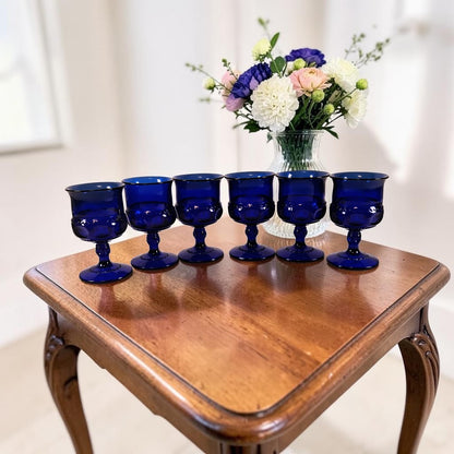 Cobalt Blue King’s Crown Thumbprint Glass Cordials/Goblets, Set of 6