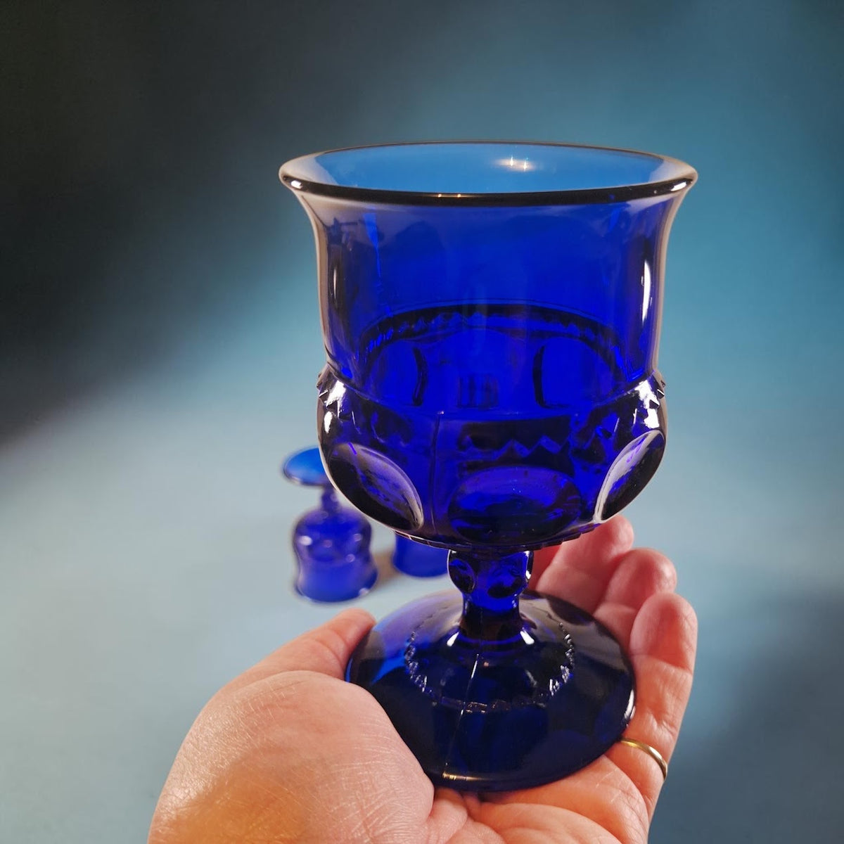 Cobalt Blue King’s Crown Thumbprint Glass Cordials/Goblets, Set of 6
