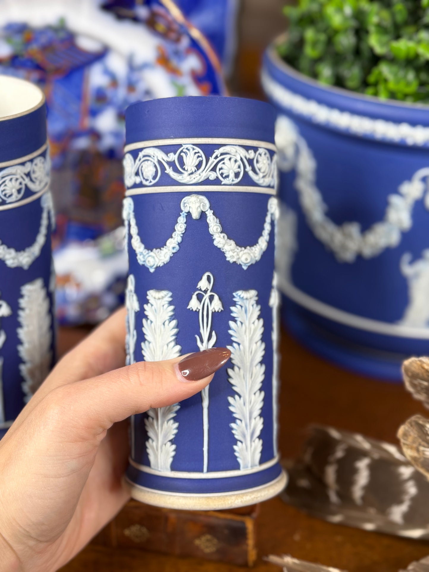Pair of Wedgwood Blue-Dipped Jasperware Spill Vases | White Neoclassical Relief | Blue & White | c.1908–1929 | 6.5” H × 2.5” D Each | #DA4577