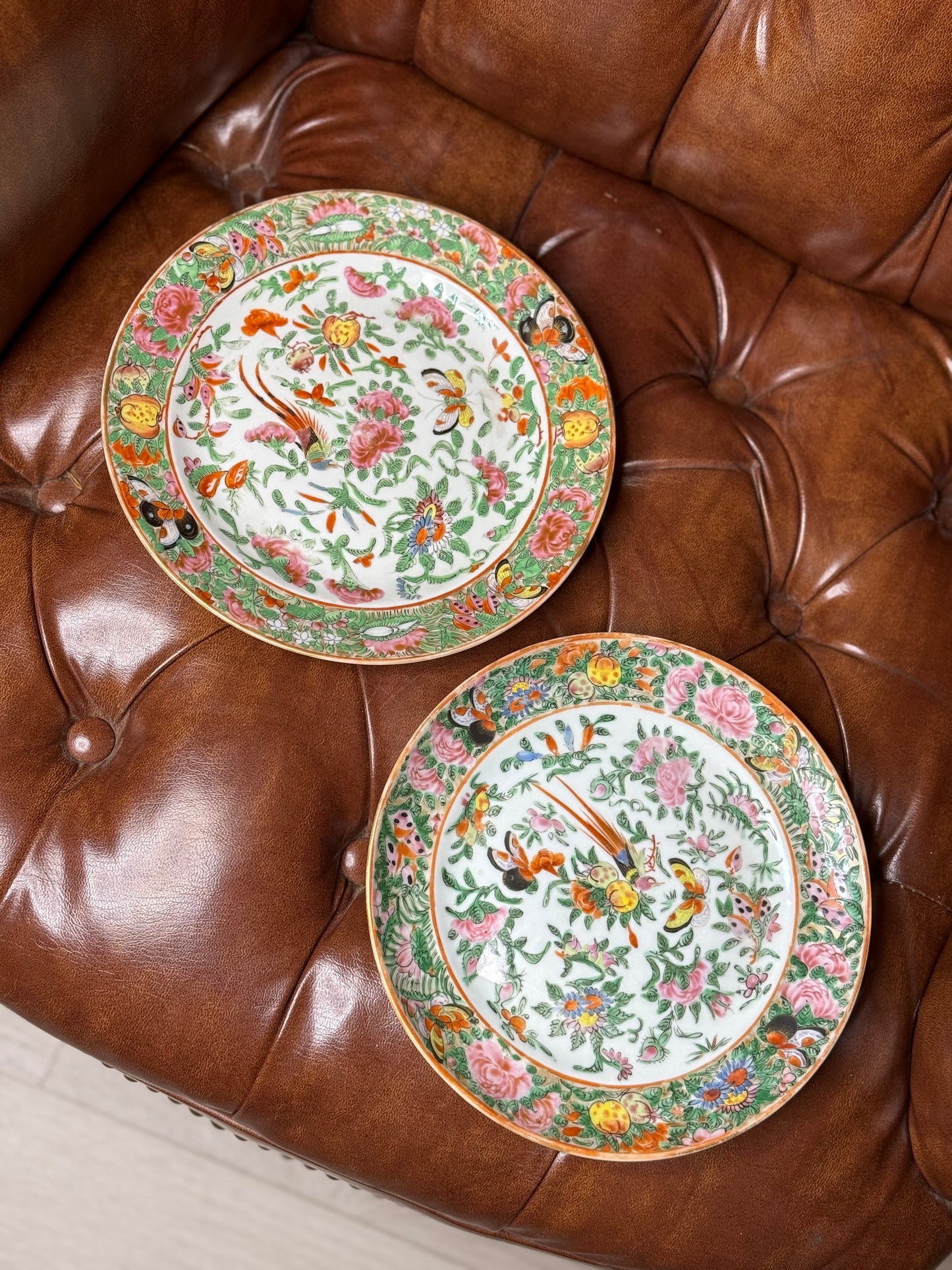 RESERVED: Cary, "1880'S QING ANTIQUE SET (2) FAMILLE PLATES, 8.5""D"