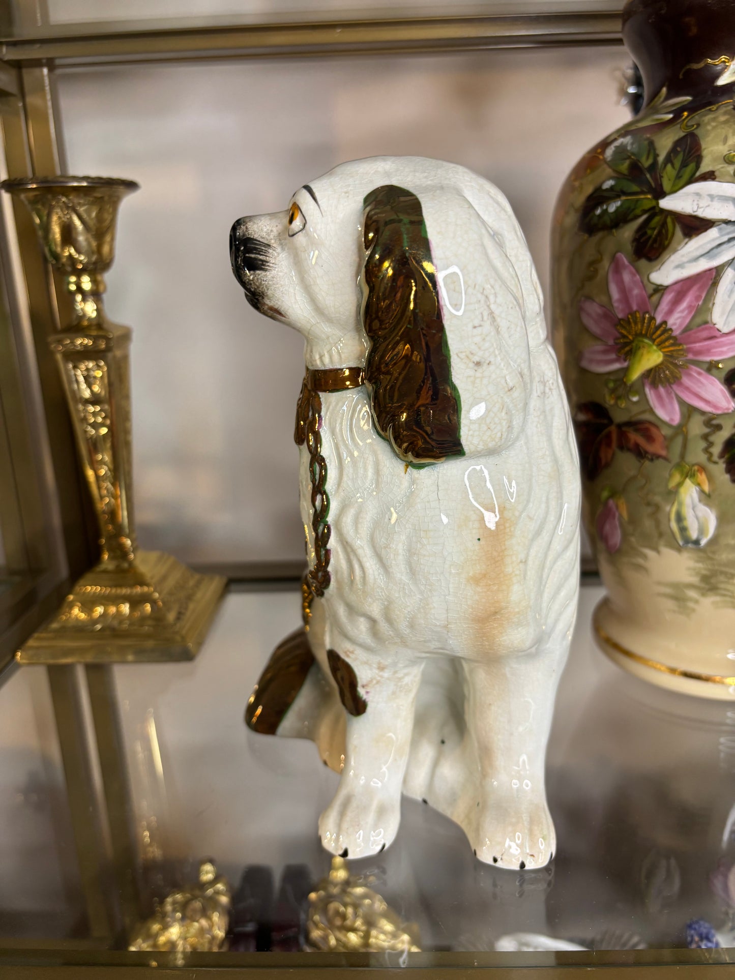 Stunning antique Staffordshire spaniel mantel dogs with lustre decoration pair!