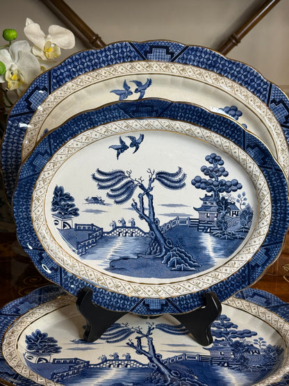 Antique Booths Real Old Willow Scalloped Serving Platter | Blue & White with Gold Trim | 12” × 10”