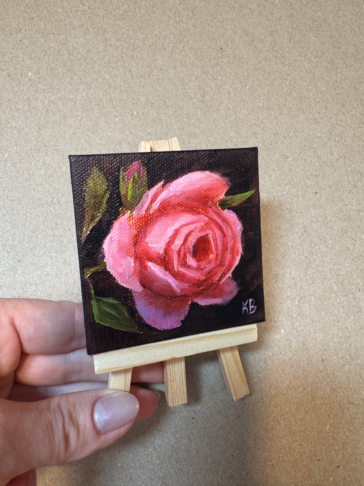 Live 06/19 mini art pink rose original oil paintings on stretched canvas 3x3”