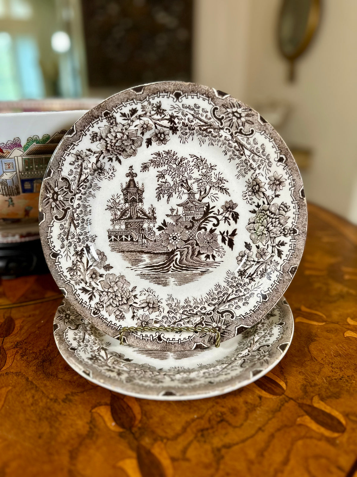 Antique Italian Colandine Brown Transferware Plates, Pair, c. 1890–1910
