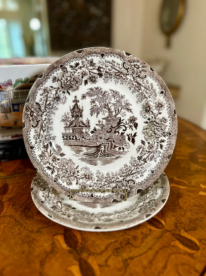 Antique Italian Colandine Brown Transferware Plates, Pair, c. 1890–1910