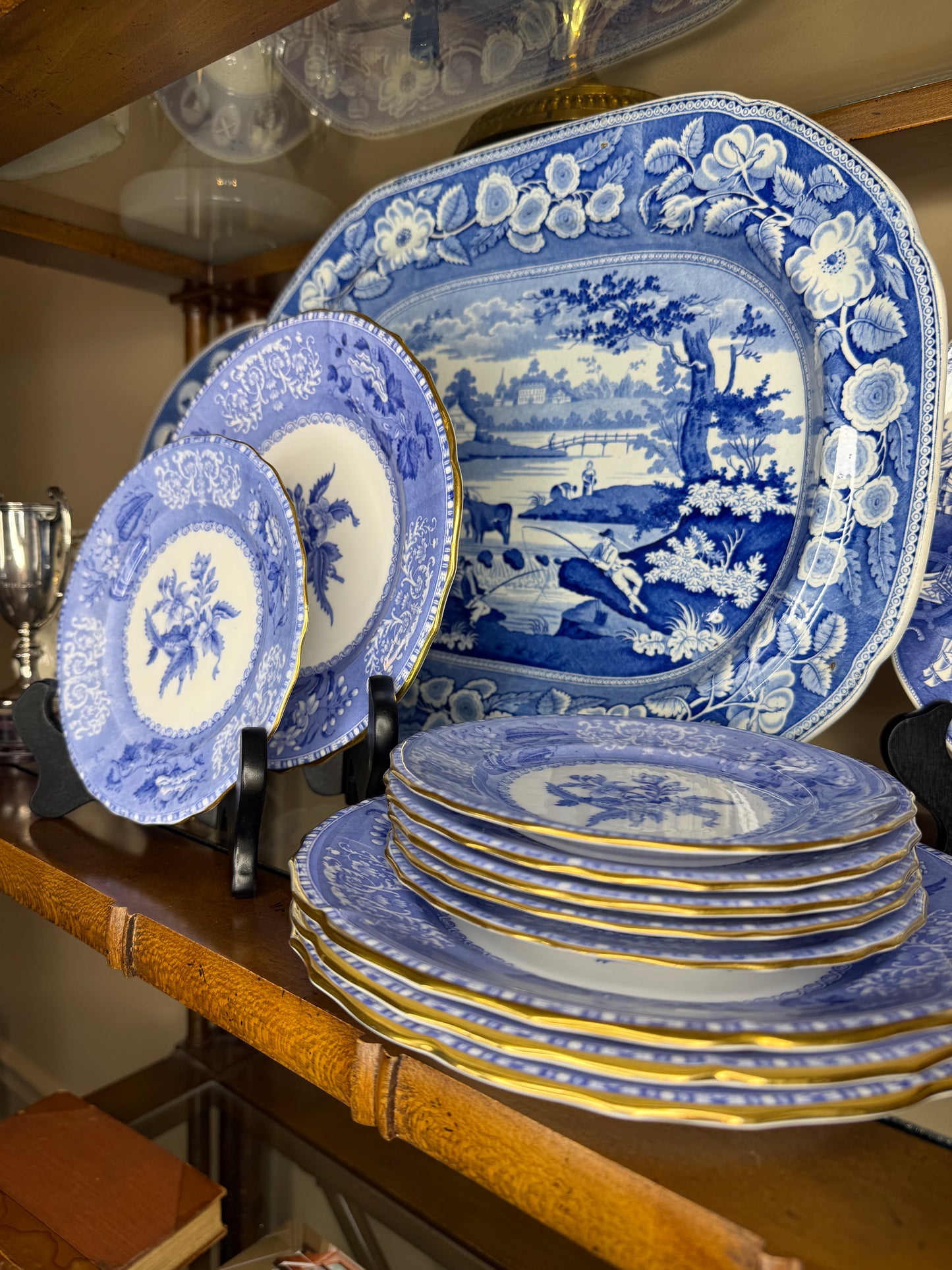 RESERVED - RARE Spode “Camilla” Bone China Blue & White Dinnerware Set – Scalloped Edge with Gilt Trim, Copeland’s China (10 Pieces)