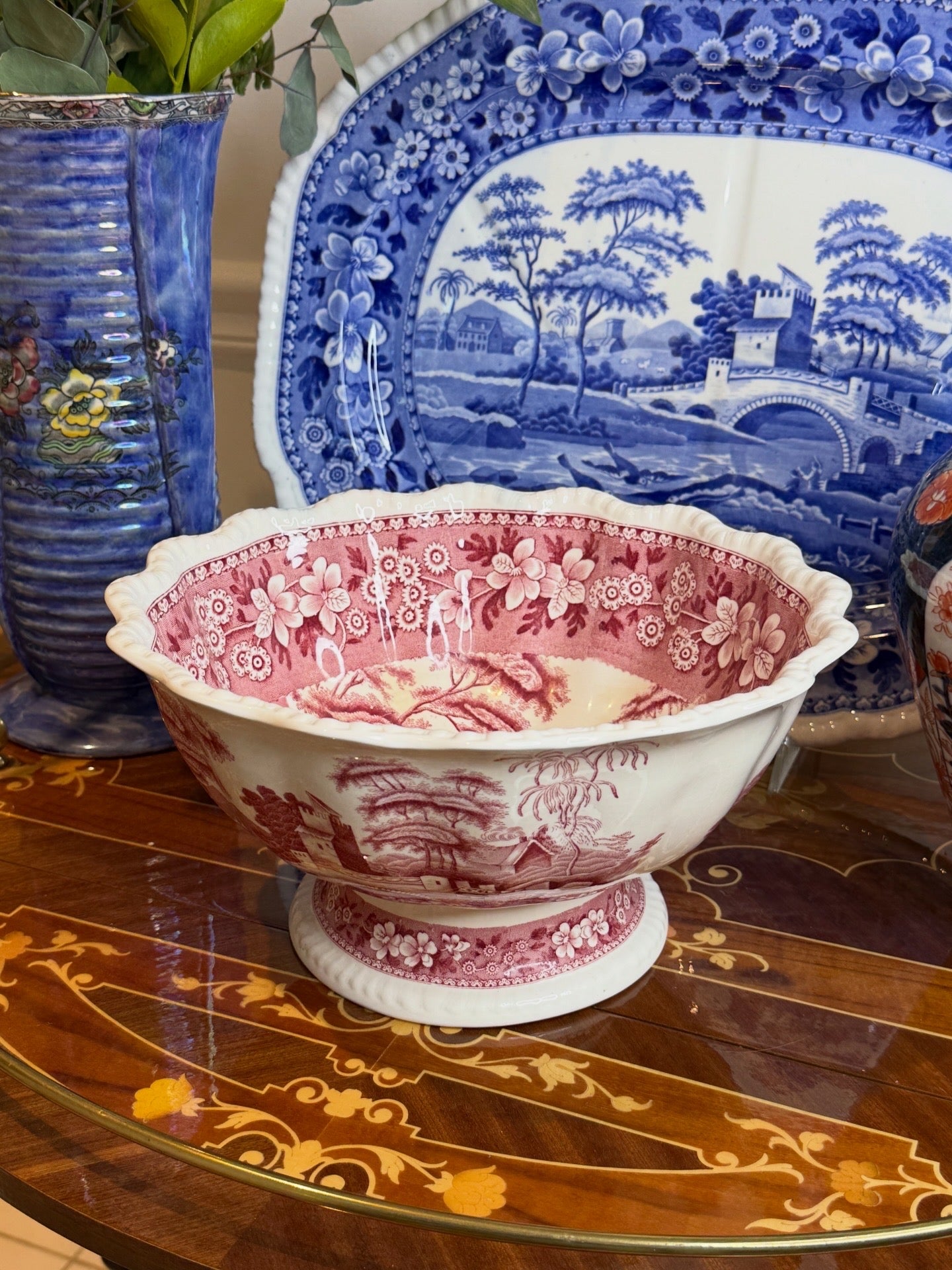 Antique Copeland Late Spode Pink/Red Tower Transferware Pedestal Bowl, 11.25” Diameter x 5.25” Tall, c. 1895–1910
